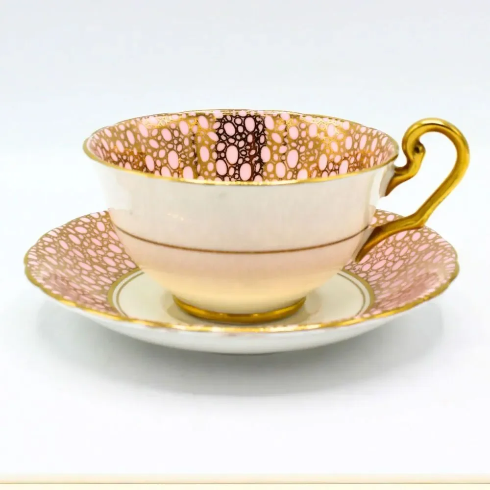 Vintage Victoria C&E Bone China Teacup & Saucer Pink Bubble Pattern Gold Gilt